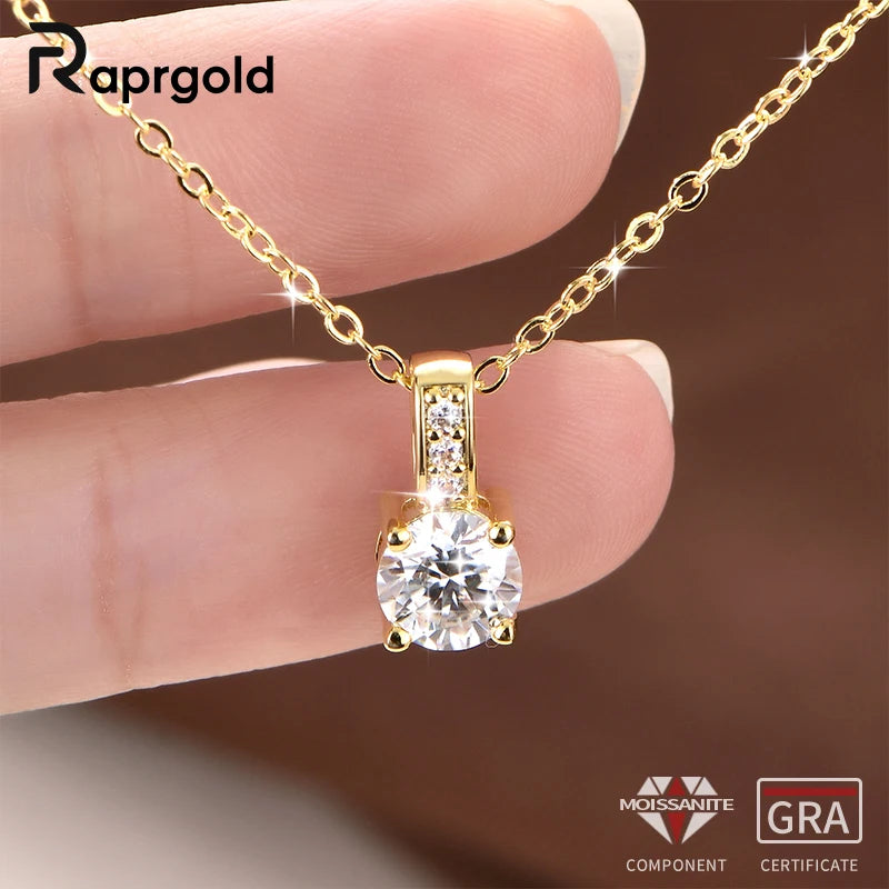 RAPRGOLD 6.5mm Round Cut Moissanite Classic Pendant Necklaces for Women Chains Friend Neck Fine Jewelry Gifts with Certificate