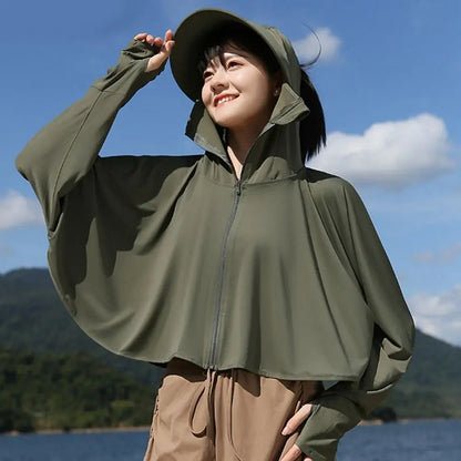 Solid Color Sunscreen Hoodie Long Sleeve Large Brim Hat Summer Sunscreen Shawl Thin Arm Sleeves Ice Silk Short Jacket Running