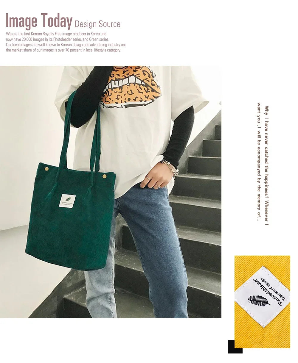 Corduroy Bag Handbags for Women Shoulder Bags Female Soft Environmental Storage Reusable Girls Small and Large Shopper Totes Bag