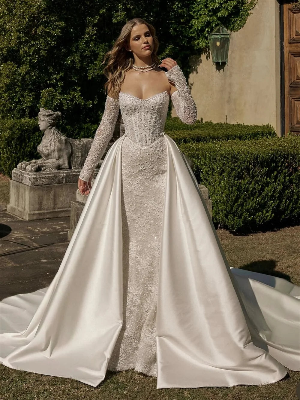 Tokyo Customized White Mermaid Wedding Dresses Strapless Back Zip Bridal Gowns Elegant Detachable Sleeves Train Wedding Gowns