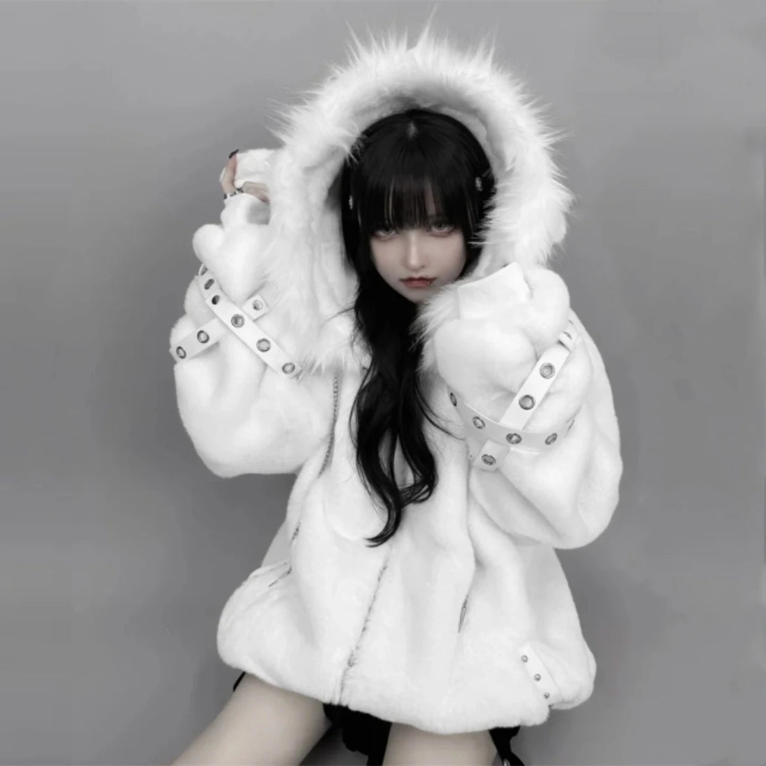 Mauroicardi Autumn Winter Oversized Warm Soft White Faux Fur Coat Women with Hood Harajuku Fashion Fluffy Jacket Streetwear 2025