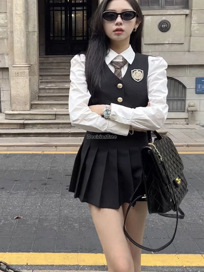 2024 england style uniform jk set suit autumn new suit waistcoat long sleeve shirt pleated skirt fashion three-piece women w753
