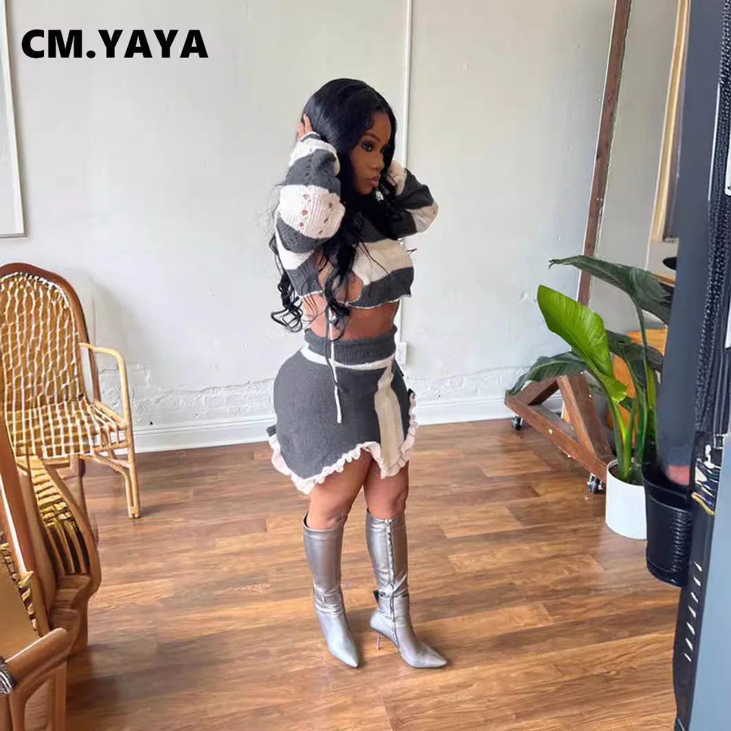 CM.YAYA Women's Set Knit Long Sleeve Crop Sweater + Irregular Mini Skirts 2025 Active Street Two 2 Piece Sets Outfits Tracksuit