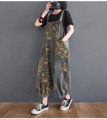 Casual Oversized Print Floral Denim Overalls For Women Loose Wide Leg Mom Jeans Rompers And Jumpsuit Cargo Straps Baggy Pants