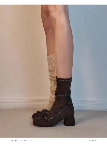 2026 New Style Women's Thick Heel Slim Boots - Early Spring New Style Bowknot Short Boots