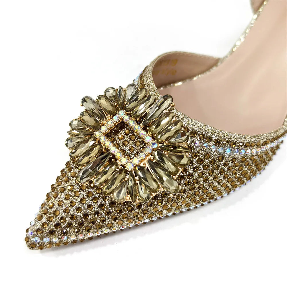 Latest Elegant Wedding Italian Diamond Design Shoes Women's African Party Shoes Crystal Shoes High School High Heels