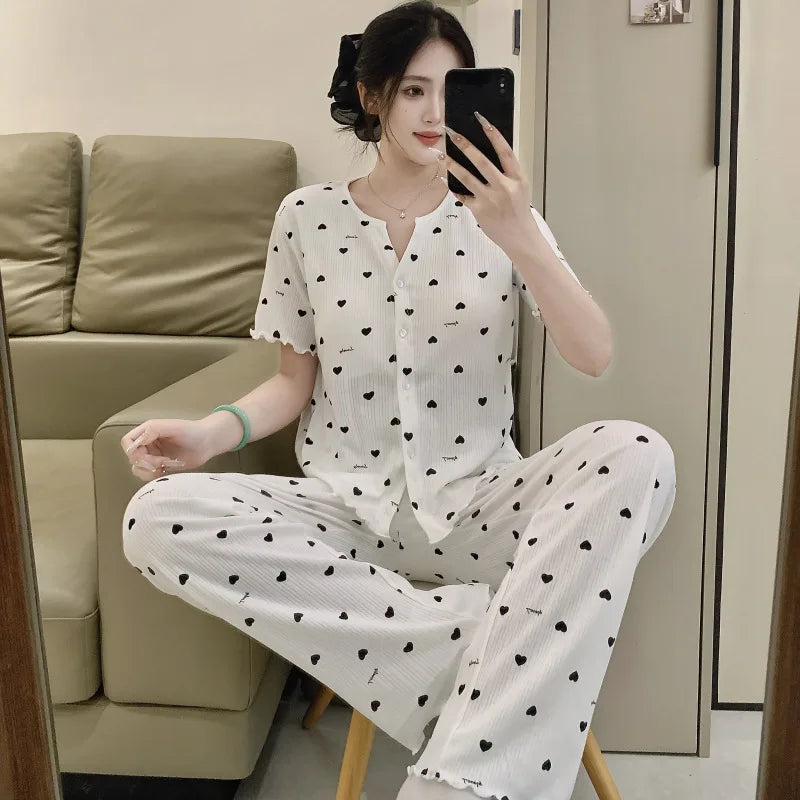 Cotton Fabric Floral Cardigan Printed Pajamas for Women Short-Sleeved Top and Long Pants Sleepwear Homewear Set Ladies Nightwear