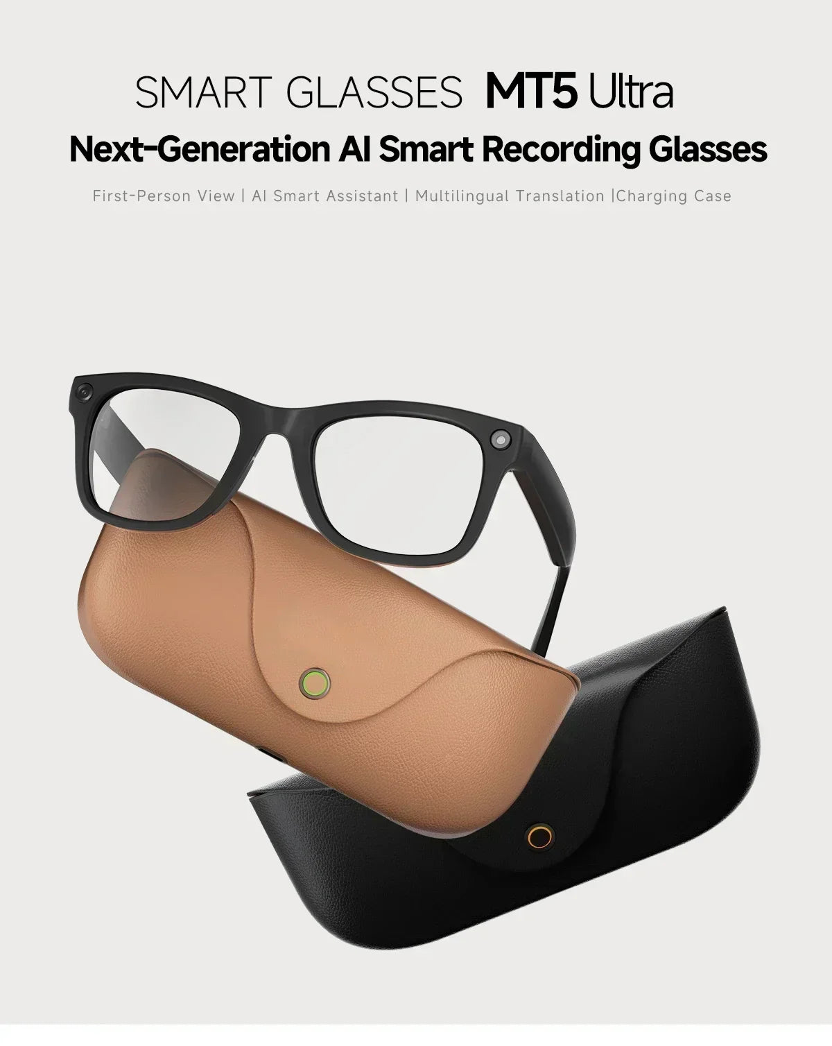 2026 Smart Glasses Genuine Leather 8MP HD Lens 2000Mah Charging Case BT Call 3D Music AI Voice Wake-up AI Translation