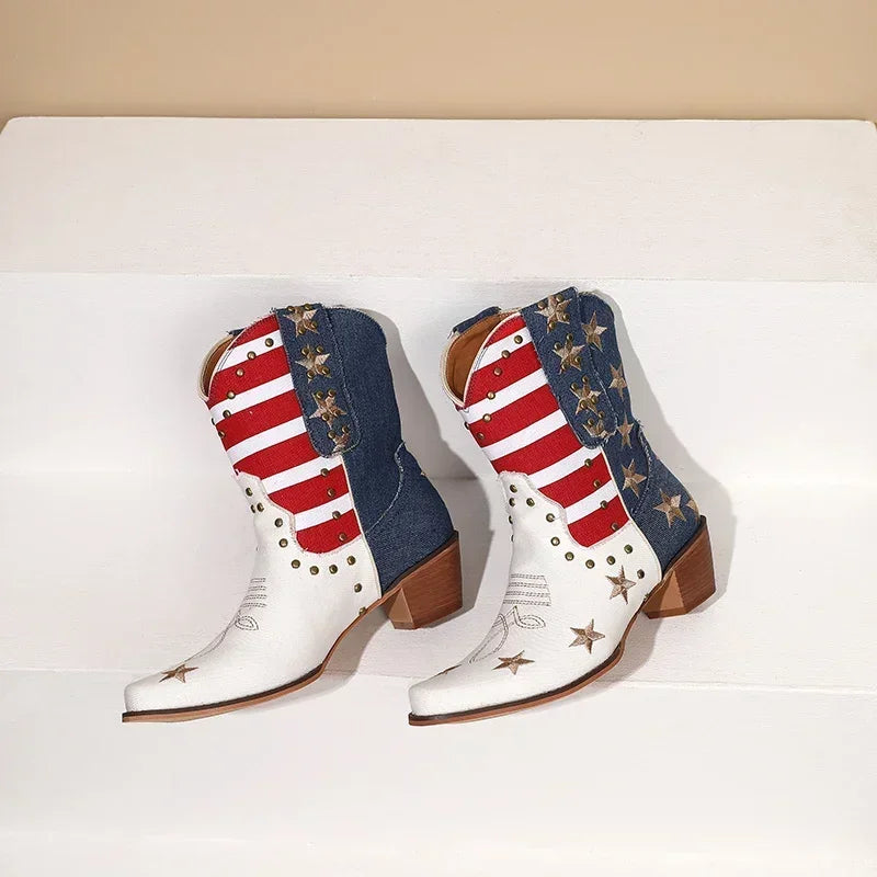 Western Women Cowboy Ankle Boots Denim Embroidery Star Rivet Warped Pointed Toe High Heels American Cowgirl Vintage Short Boots