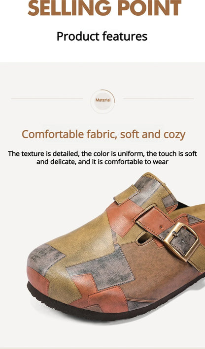Unisex Cork Closed Toe Slippers Slip-on Clogs Slides Fashion Leather Sandals with Adjustable Buckle Backless Comfort Footbed