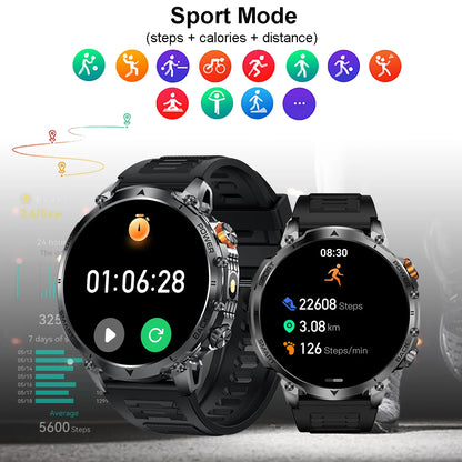 New Military Men's Outdoor Sport Smart Watch 1400mAh Battery BT Call Flashlight IP68 Waterproof 1.7' HD Large Screen Men Watch