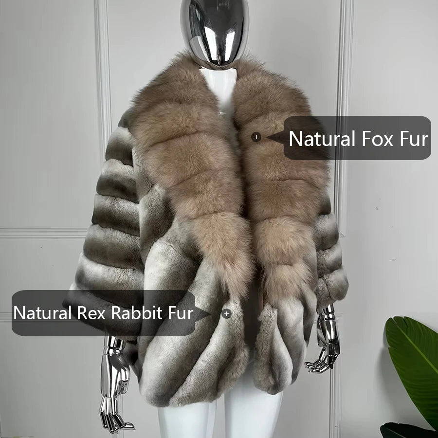 Real Rex Rabbit Fur Coat Chinchilla Fur Natural Fox Fur Collar Best Selling Winter Jacket Women Real Fur Coats
