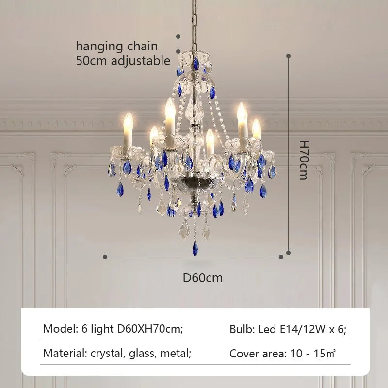 French Blue Romantic Crysatl Chandeliers Light Luxury Glass Living Room Art Decor Candle Pendant Lights Lighting Bedroom Lamps