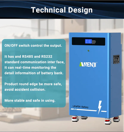 ANENJI 51.2V 314Ah 16Kwh LiFePO4 Battery 6000 Cycles With Wheels Bluetooth BMS 200Ah Supports 15 Units Parallel  Solar System