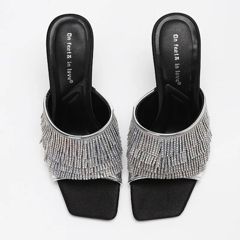 Sexy Rhinestone Designer Thin Heeled Slippers Women Open Toe 2026 New Elegant Party Dress Shoes Tassel Luxury High Heels Sandals