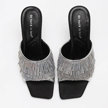 Sexy Rhinestone Designer Thin Heeled Slippers Women Open Toe 2026 New Elegant Party Dress Shoes Tassel Luxury High Heels Sandals
