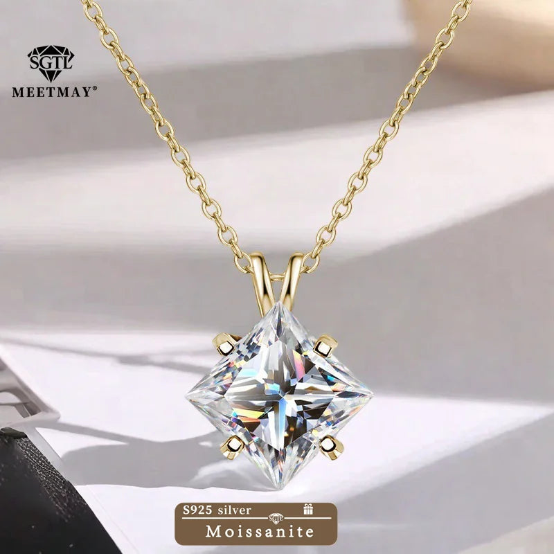 BOCARMAN S925 Sterling Silver Necklace with Colorful Princess Cut Moissanite Inlay Clavicle Chain Pendant for Women Gift
