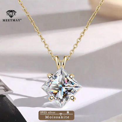 BOCARMAN S925 Sterling Silver Necklace with Colorful Princess Cut Moissanite Inlay Clavicle Chain Pendant for Women Gift