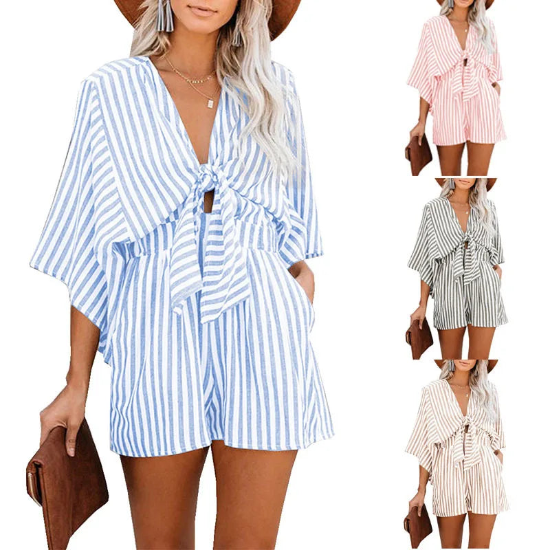 Womens Sexy Deep V-neck Romper Summer Loose Stripe Playsuit Ladies Fashion Holiday Pants Beach Lace Up Jumpsuit Ropa Mujer 2024