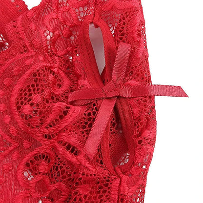 Sexy Crotchless Bodysuit Women Lace Hollow Rompers Erotic Clothes Deep V Open Bra Teddy Bodysuits Dress Black Jumpsuit One Piece