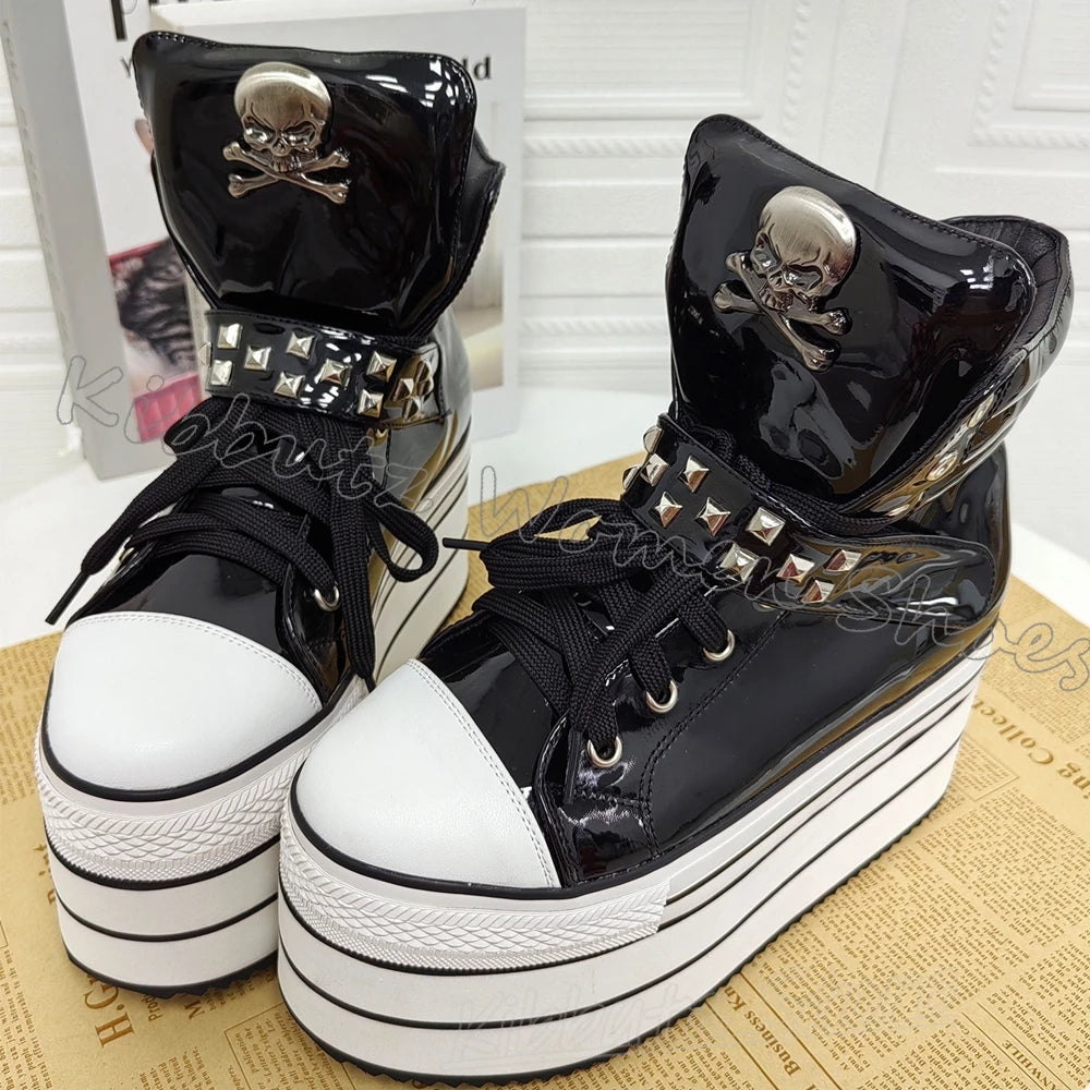 Leather Sports Ankle Boots Platform Rivet Lace-Up Women Shoes Mixed Color Thick Bottom Round Toe Luxury Novelty Concise Sexy New