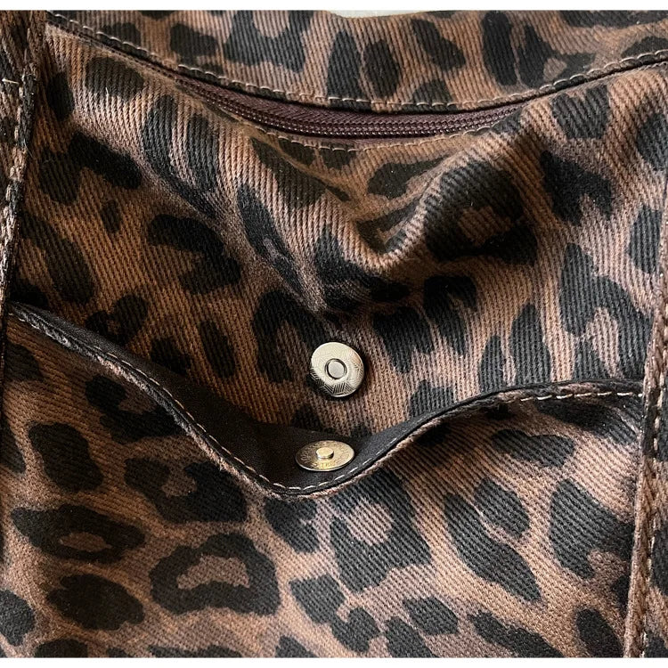 Trendy Leopard Print Canvas Shoulder Bag Large Capacity Fashion Tote Handle Bag for Daily Commute Versatile Texture Storage Bags