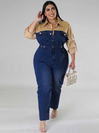 Winter Jeans Jumpsuit for Women Simple and Elegant Long Straight Jumpsuits Plus Size Clothing Female Denim Cotton Jumpsuit