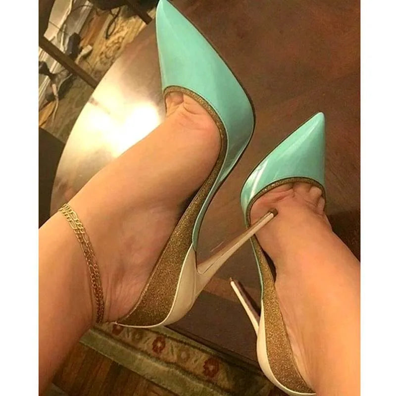 Mint Blue Red Patchwork Glitter Mixed Color Pumps Patent Leather Pointed Toe 12cm Stiletto Heels Wedding Shoes Women