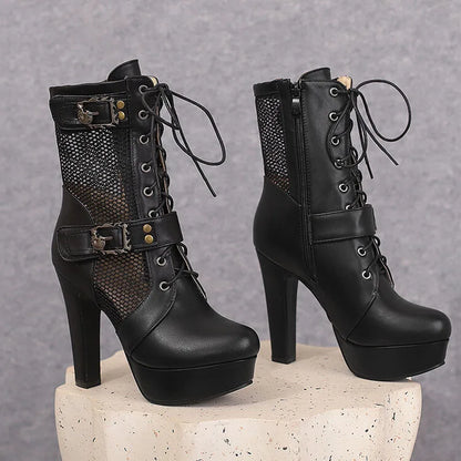 2025 New Lace-up Mesh Summer Boots Women Sexy High Heels Platform Sandals Large Size Women's Custom Boots Female Shoes