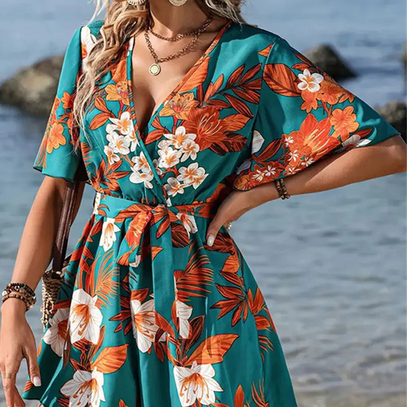 Bohemian Floral Print Short Jumpsuits For Women Summer Short Sleeve Wide Legs One Pieces Elegant 2025 Beach Wear Casual Outfit