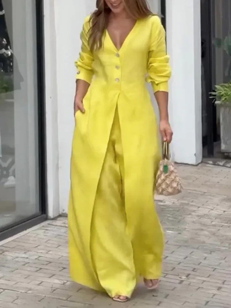 Women's Cotton V-Neck High Waisted Wide Leg Jumpsuits Long Sleeves Buttoned Pockets Solid Color Pleated Fashion Casual Outfits