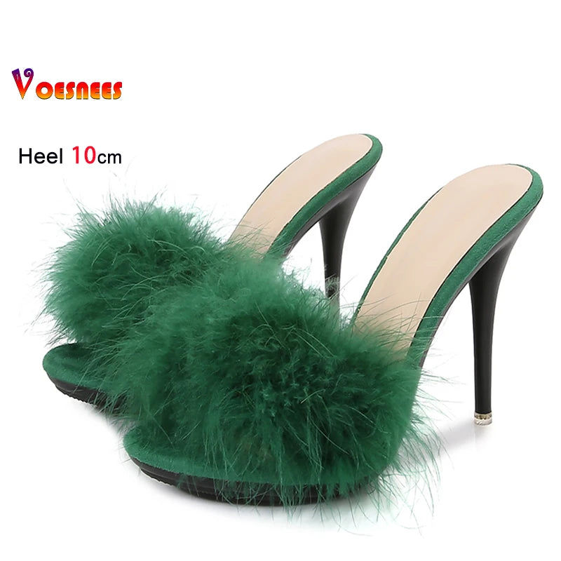 10CM Thin High Heel Summer Furry Slippers For Ladies Mules Fashion Fluffy Fur Slides Sandals 2025 New Brand Women's Party Shoes