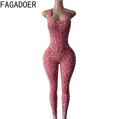 FAGADOER Y2K Sexy Leopard Print Bodycon Jumpsuit Women Halter Sleeveless Deep V Backless Long Romper Streetwear Club Night Party
