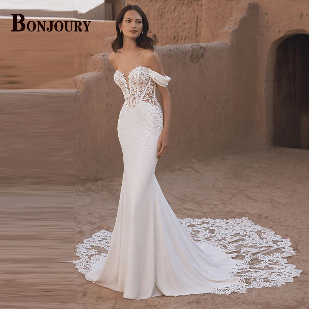 BONJOURY Elegant Wedding Dresses for Bride Off the Shoulder Appliques Trumpet Zipper Court Train Abito Da Sposa Customized
