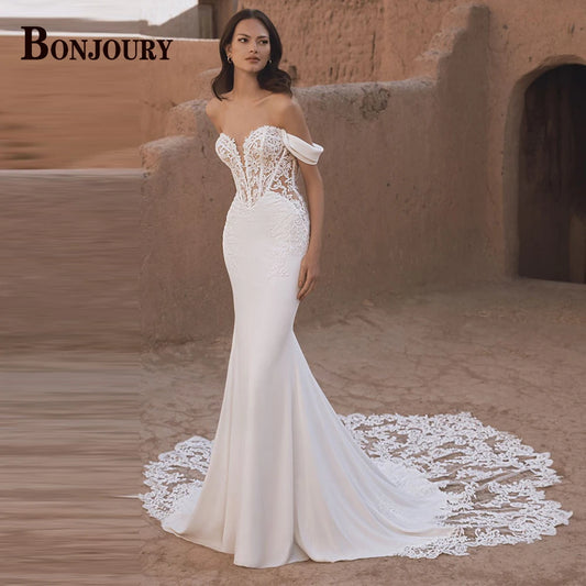 BONJOURY Elegant Wedding Dresses for Bride Off the Shoulder Appliques Trumpet Zipper Court Train Abito Da Sposa Customized
