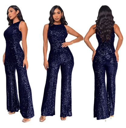 Bling Bling Sequined Club Jumpsuit Sexy Women O-neck Elegant Shiny Sliver Gold Sequins Straight Romper Overalls