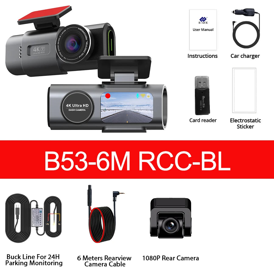 YanAbode 4K Car Dash Cam WiFi GPS Support Optional Rearview Camera Wide Angle Night Vision Car Video Recorder DVR