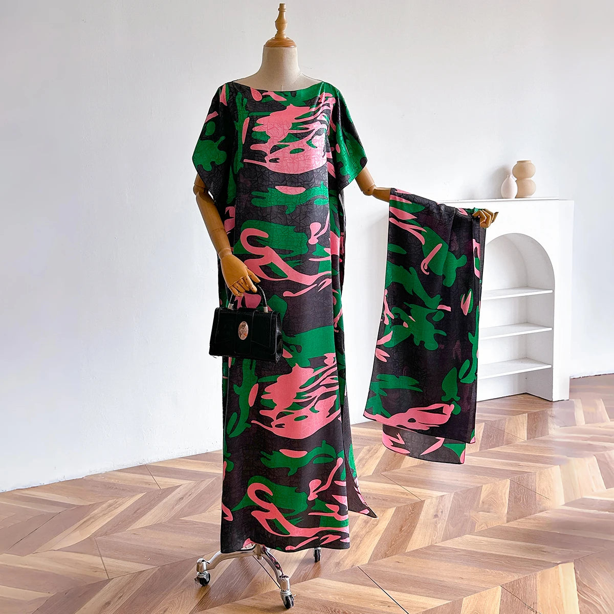 New African Fashion Short Sleeve Colored Pattern Dubai Women Summer Real Silk Soft Printing Loose Tradition Muslim Scraf