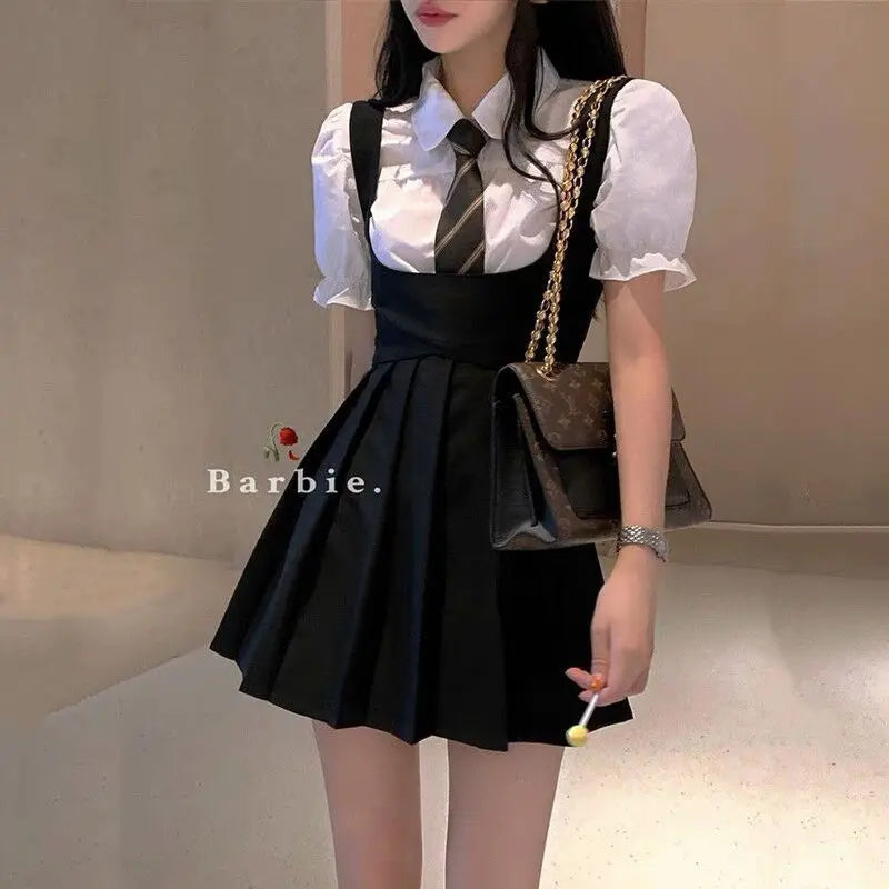 2025 korea japan style female summer fashion style jk uniform halter pleated skirt bubble short sleeve shirt two piece sets g823