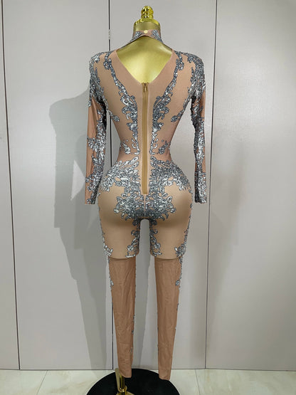 Luxury Sparkly Diamonds Print Long Sleeves Stretch Jumpsuit Evning Party Dancer Nightclub Bar DJ Sexy Stage Performance Costumes