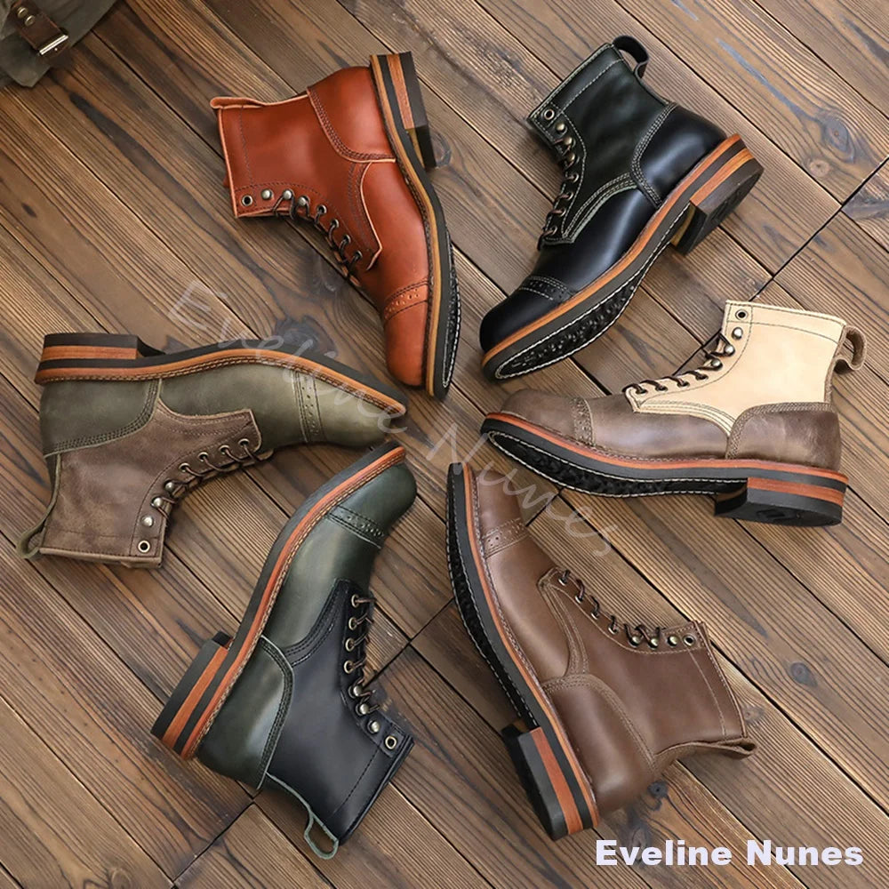 Brogue Cap‑Toe Non‑Slip Combat Boots Men Genuine Leather Lace‑Up Motorcycle Boots Casual Thick Outdoor Daily Retro Work Boots