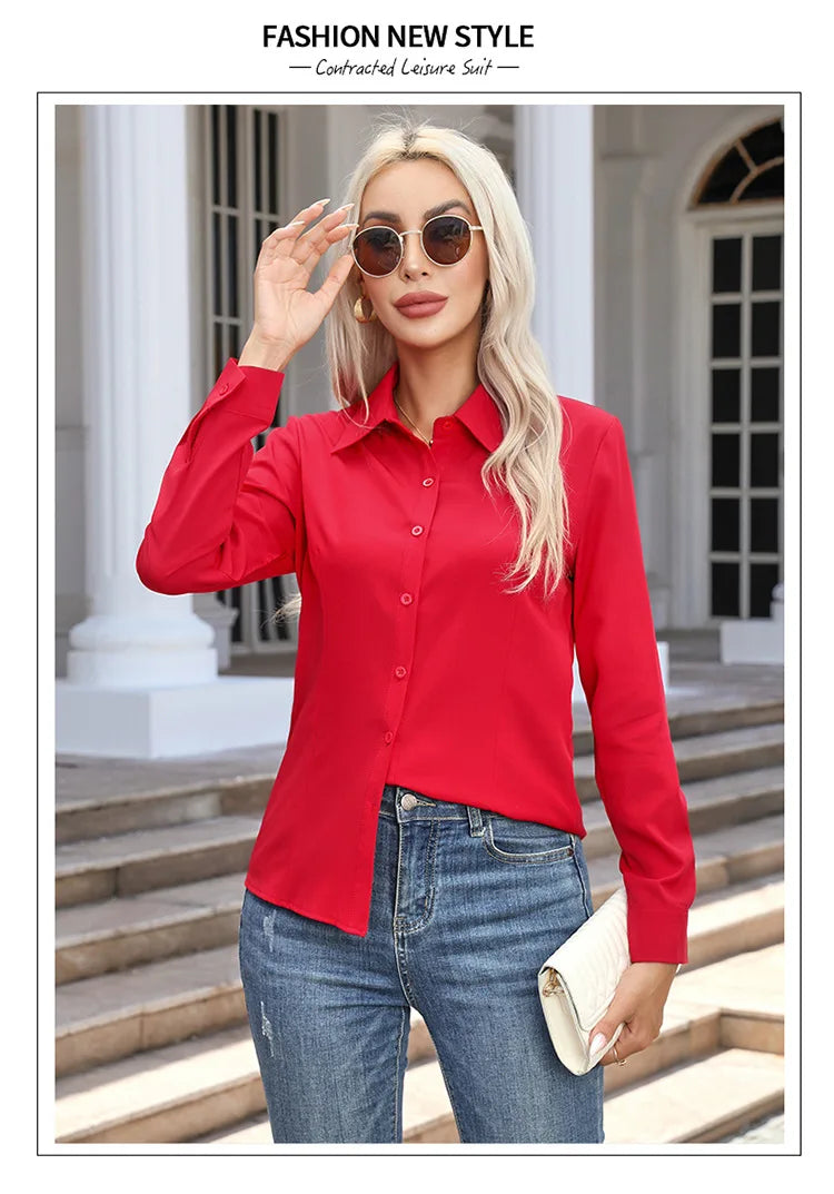 Women Elegant Solid Button Shirt Chiffon Blouse Spring Summer Casual Solid Long Sleeve Turn Down Collar Tunics OL Shirt Tops