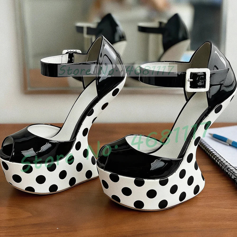 Black Polka Dot Platform Fretwork Heels Sandals Women Sexy Peep Toe Patent Leather Shoes Party Ankle Strap Heelless Sandals