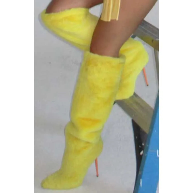 Lemon Yellow Fur Knee High Boots Women Full Fluffy Fur Pointed Toe Orange High Heels Winter Boots Female Fashion Warm Snow Shoes