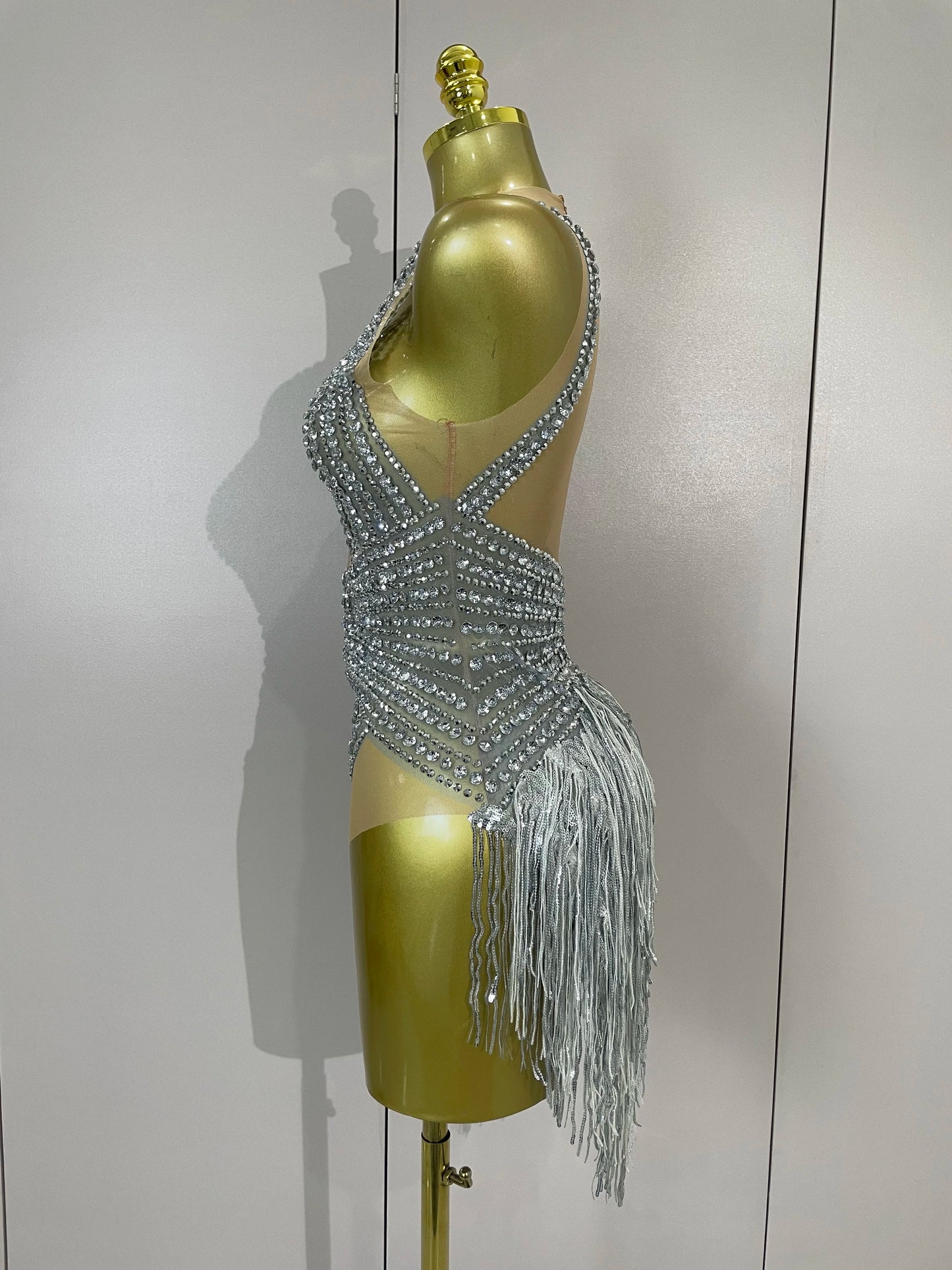 Luxury Sparkly Silver Diamonds Tassel Mesh Sheer Bodysuits Eveing Birthday Party Latin Dancer Bar Nightclub Sexy Stage Costume
