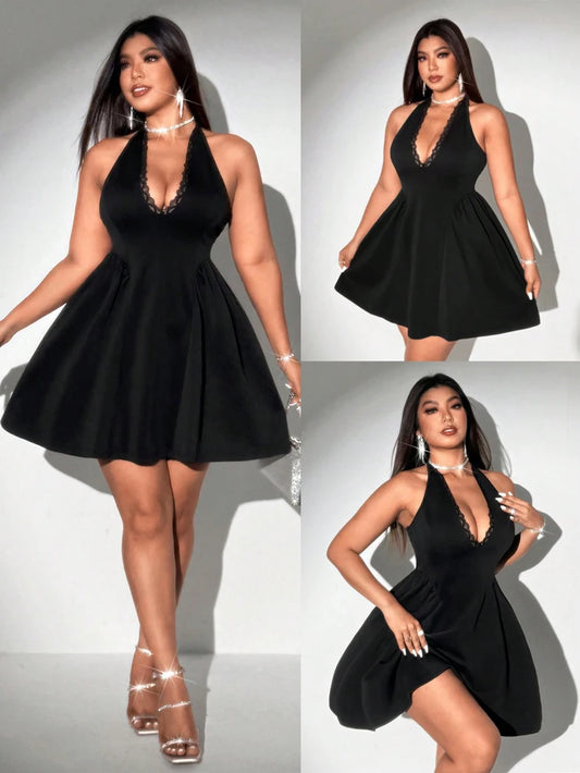 Plus Size Spring/Summer New Arrival Dress V-neck Sensual Lace-trimmed Sleeveless Puff-skirt Evening Gown Solid Colour