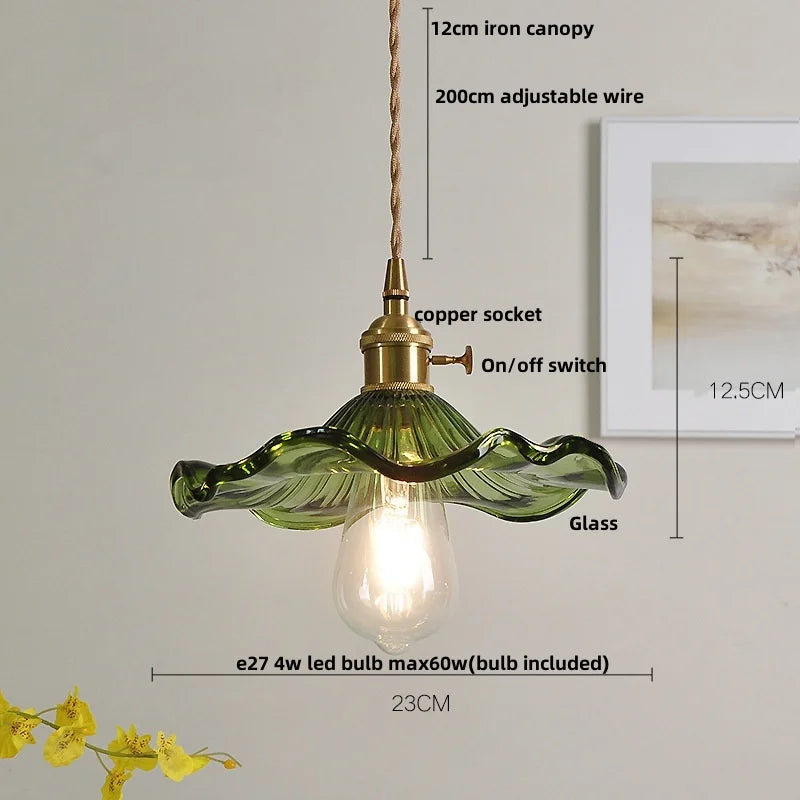 IWHD Home Decor LED Pendant Lights Kitchen Restaurant Copper Socket Flower Green Glass  Nordic Modern Walnut Wood Hanging Lamp