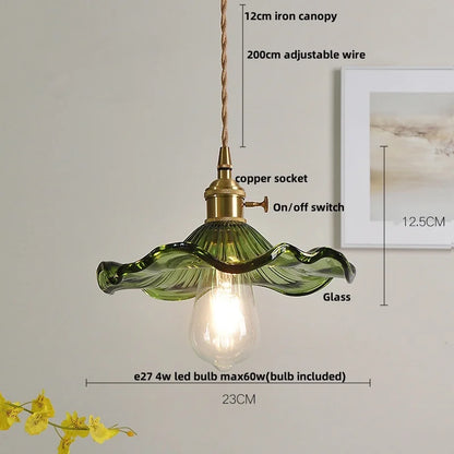 IWHD Home Decor LED Pendant Lights Kitchen Restaurant Copper Socket Flower Green Glass  Nordic Modern Walnut Wood Hanging Lamp
