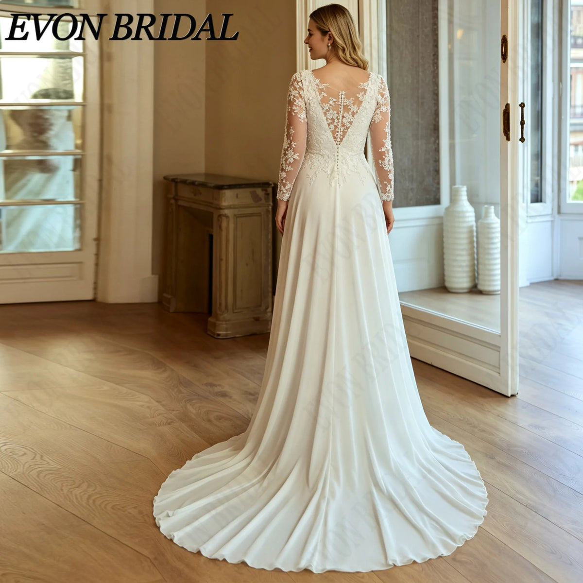 EVON BRIDAL Customized V-Neck Long Sleeve Wedding Dress Plus Size Lace Appliques Chiffon Bride Dresses A-Line Bridal Gown