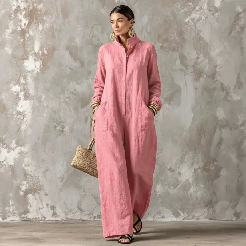 Women's Spring Autumn Long Sleeved Jumpsuit With Pockets Simple Solid Button Half Open Design Loose Jumpsuits Ladies Casual Wear